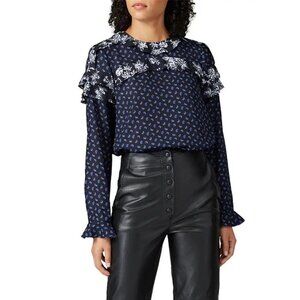 Womens Granny Cottage Core Retro Paisley Ruffled Top navy Blue White Jason Wu 4